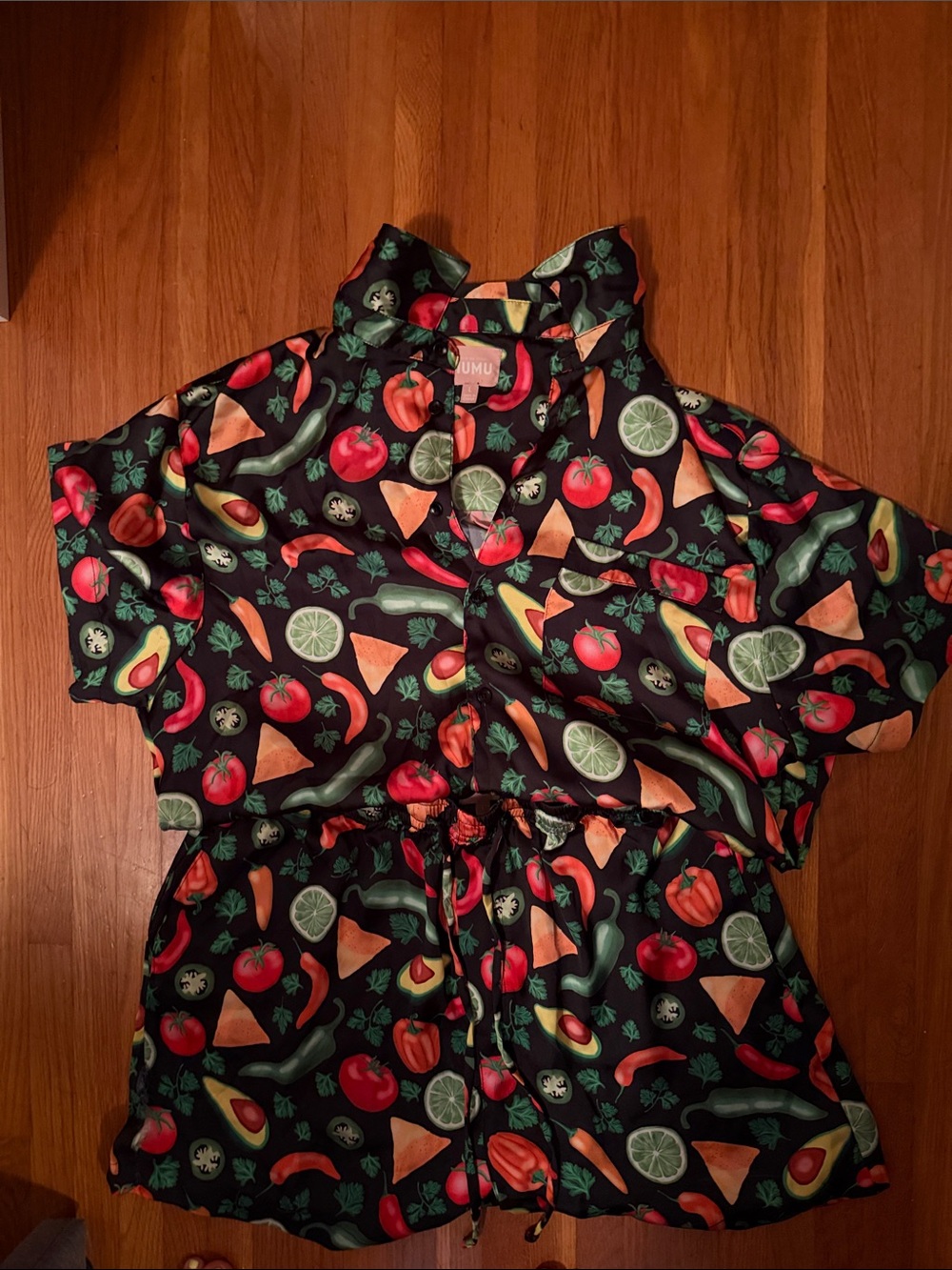 Show Me Your MUMU Black FRUIT Print Button-Up Top with matching bottoms